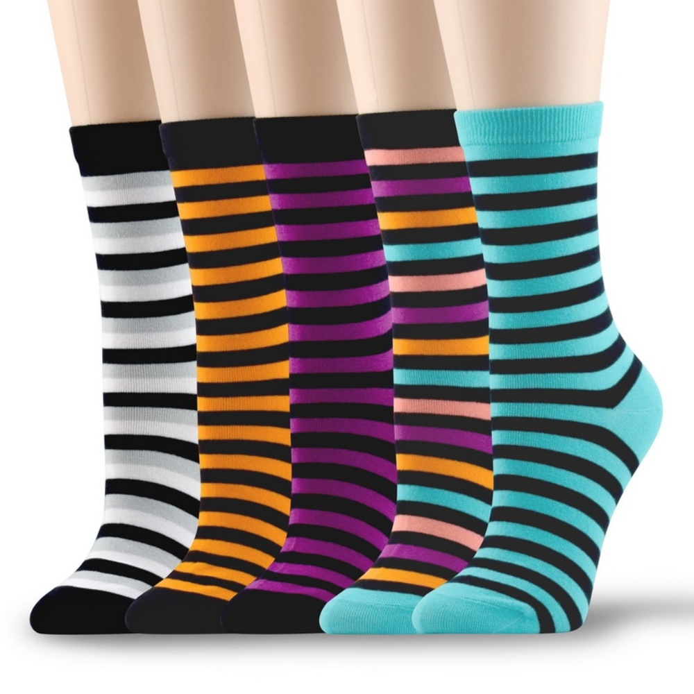 5 Pairs of Women's Cotton Crew Socks Black Stripes